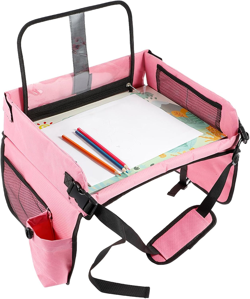 Kids Travel Tray for Toddler Car Seat, Toddler Car Seat Lap Tray, Car Seat Organizer Toddler, Car Lap Desk Table with Storage Pocket, Kids Active Eating Tray for Road Trip, Airplane, Stroller (PINK)