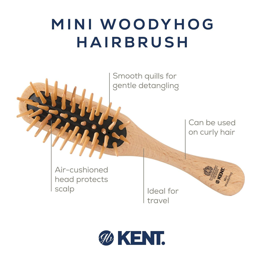 Kent KB MiniWoodyhog Travel Size Detangling Brush Beech-wood, Firm Rounded Wooden Bristles,Natural Cushion Detangler Wooden Hair Brush for Women Men and Kids Everyday Care,Made in England (Pack of 3)