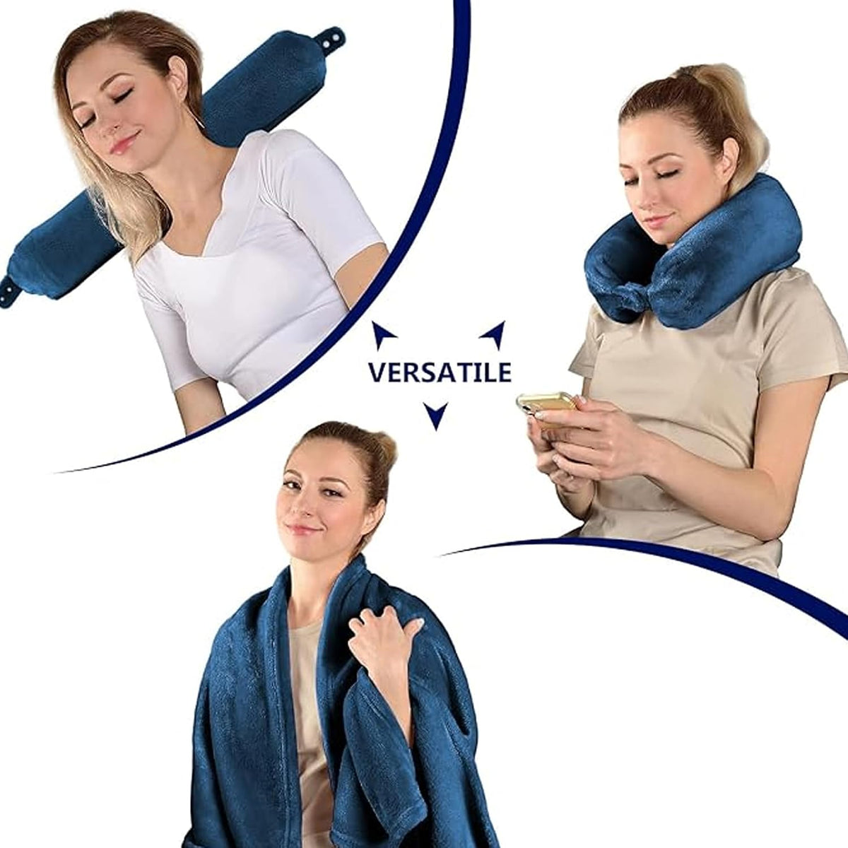 2 in 1 Neck Pillow with Blanket, Soft Flannel Multi-Functional Travel Combo, Portable Warm Neck Pillow Set for Airplane, Car and Camping Travel,Navy Blue