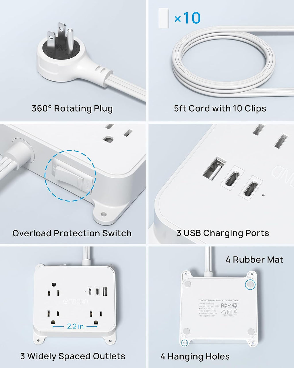 TROND Flat Power Strip with 360° Rotating Plug