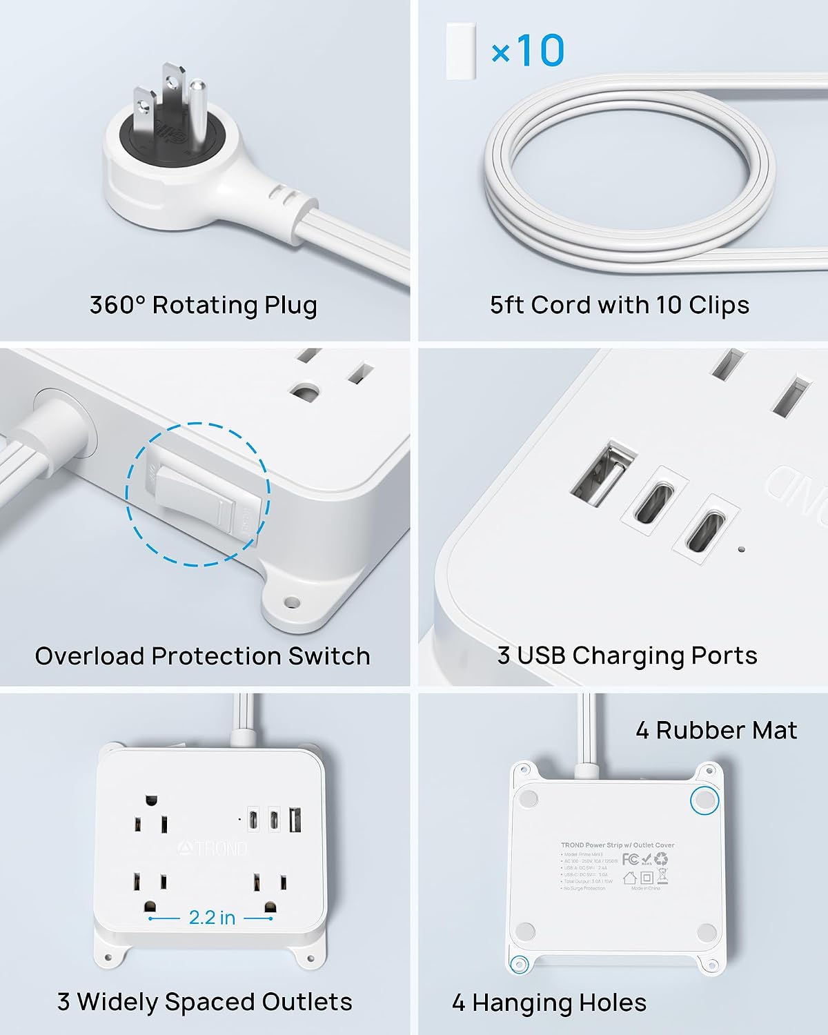 TROND Flat Power Strip with 360° Rotating Plug