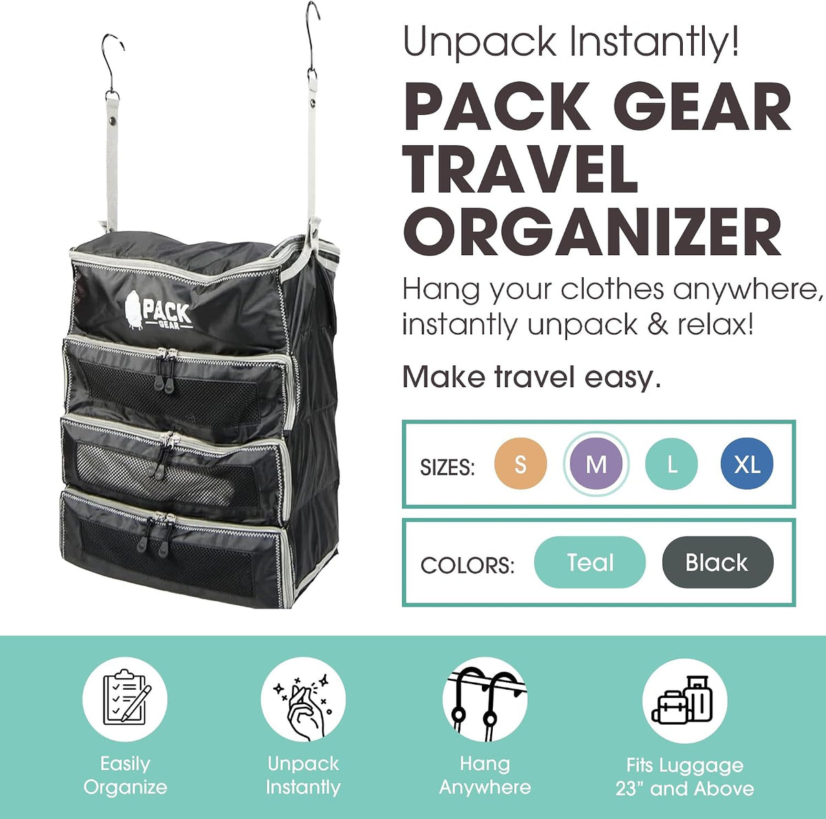 Pack Gear Medium Hanging Carry-On Organizer with Mesh Windows, Black