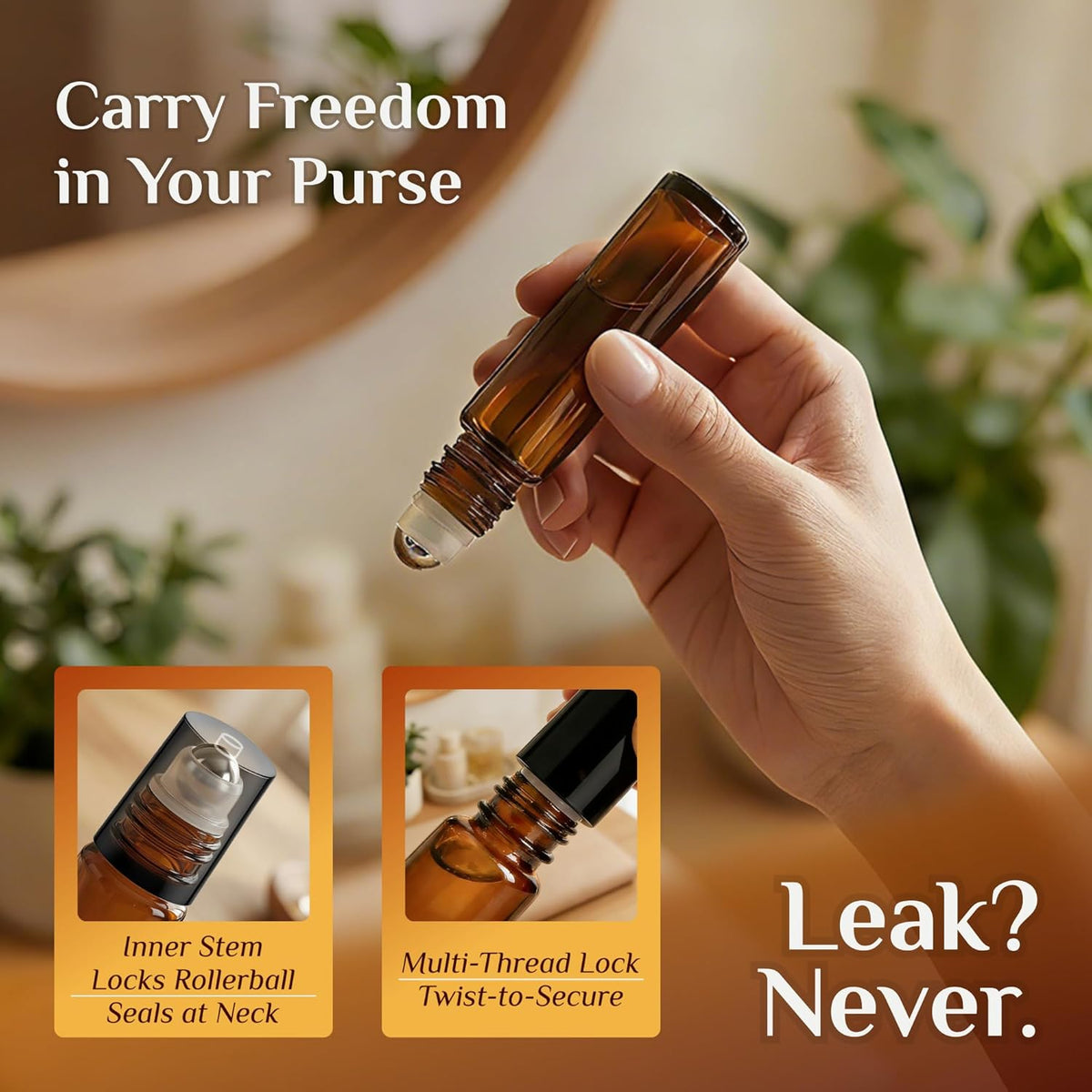 PrettyCare Set of 24, 10 ml Amber Glass Roller Bottles for Essential Oil with Stainless Steel Roller Ball - Refillable Leak-proof Empty Roll on Bottles with Black Caps for Travel, Perfume,Lab