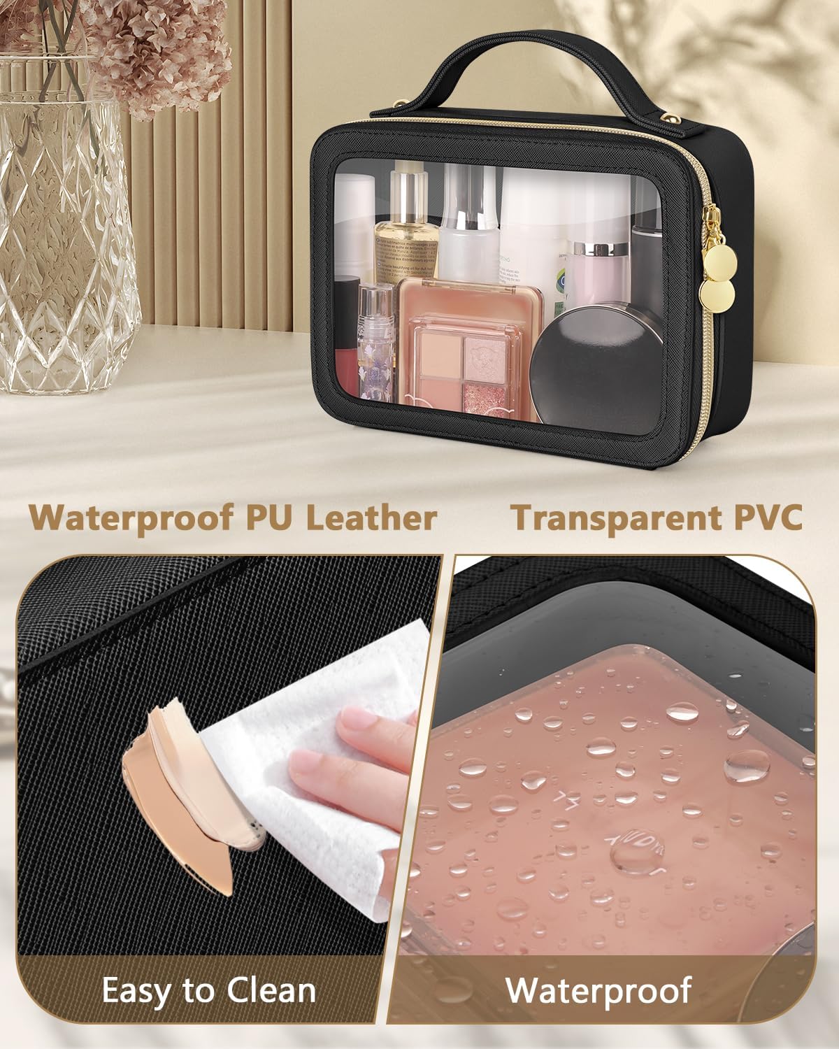 Soimeat Clear Makeup Bag, Portable Travel Cosmetic Bags, Multipurpose Leather Toiletry Bag with Zipper, Waterproof Transparent Cosmetic Organizer for Women, Medium, Black