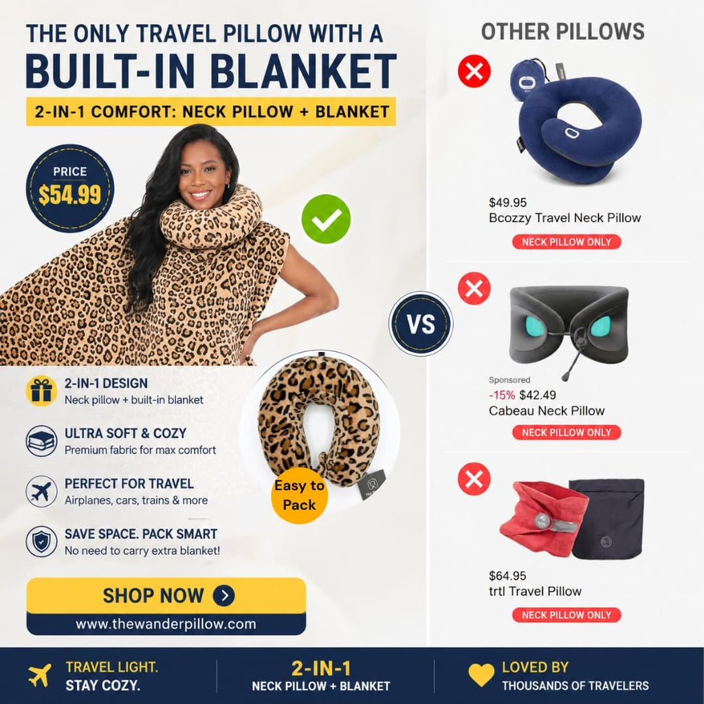 Travel Pillow with Built-In Blanket Memory Foam Neck Pillow for Airplane Travel, Flight Pillow with Blanket Portable Airplane Pillow for Adults Compact Travel Neck-Pillow for Plane, Car & Long Flights