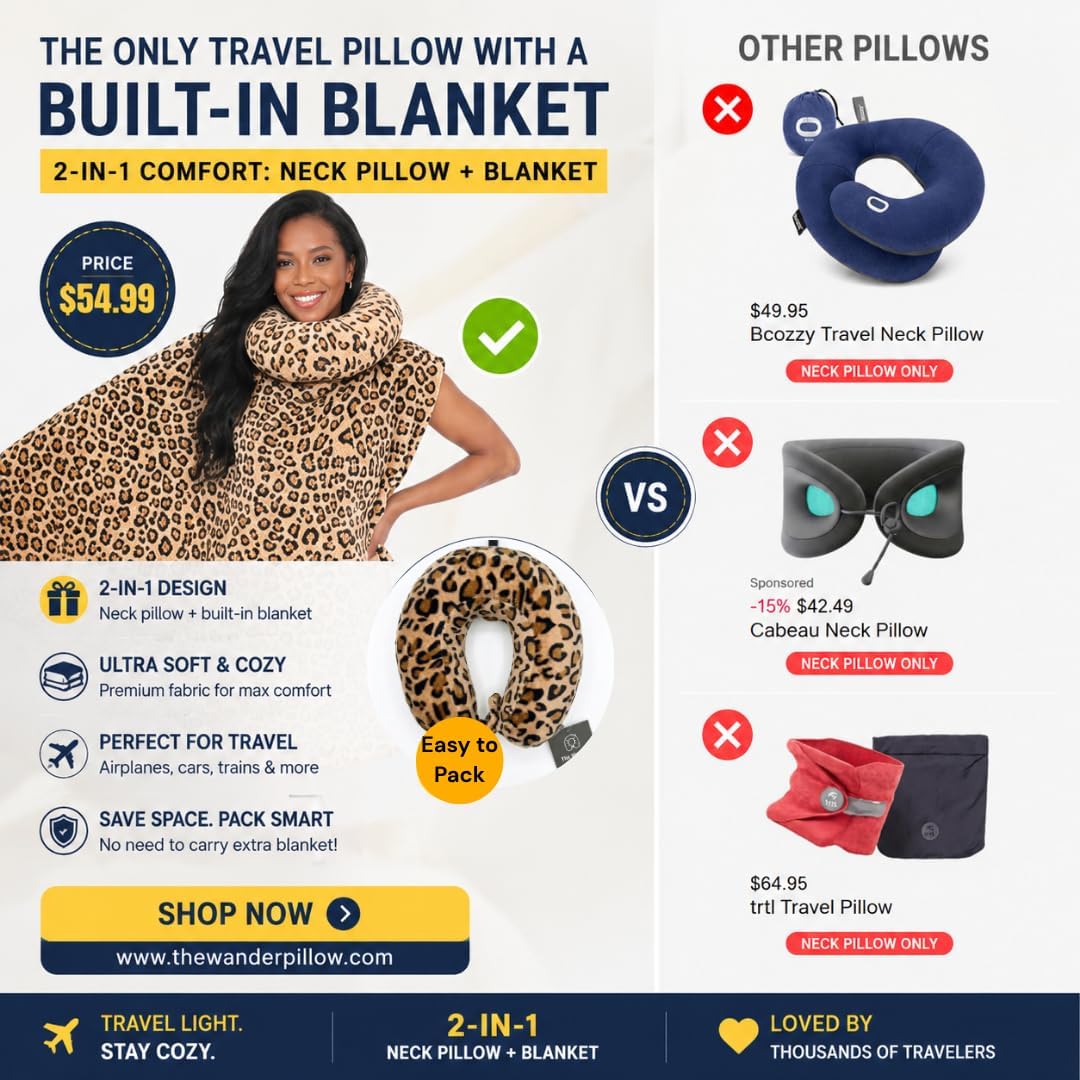 Travel Pillow with Built-In Blanket Memory Foam Neck Pillow for Airplane Travel, Flight Pillow with Blanket Portable Airplane Pillow for Adults Compact Travel Neck-Pillow for Plane, Car & Long Flights