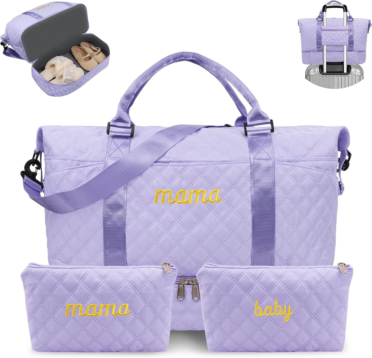 Mama Baby Pregnancy Hospital Bag Essentials for Women Labor Delivery Diaper Organizer with Shoe Compartment,2 Waterproof Toiletry Pouch Travel Duffle Bag for Mommy Weekender Overnight Gym Gifts,Purple