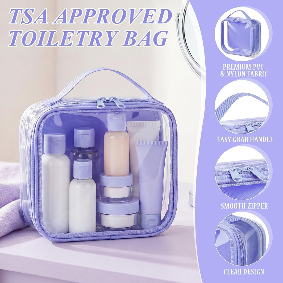 Abbylike 3 Pcs Small Toiletry Bags Reusable Quart Size Travel Liquid Pouch Single-sided Clear PVC Carry-on Organizer with Handle Cosmetic Bags for Airport Security Women Men(Purple)