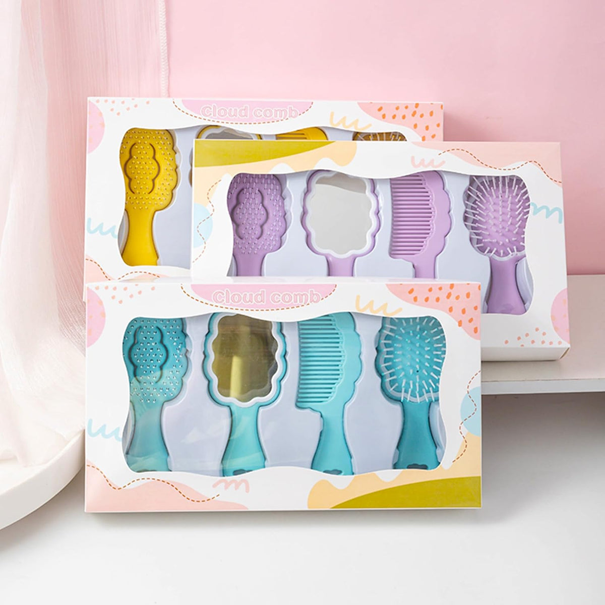 4 Pieces Mini Wet Hair Brush Hair Comb Set For Women Girls Kids Gift Small Cute Cloud shaped Hair Comb Hair Brush Handheld Mirror Set Travel Detangling Comb Massage HairBrush with Air Cushion (Yellow)
