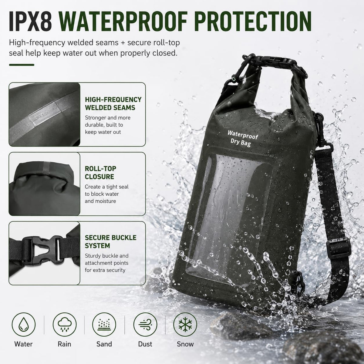 3L IPX8 Waterproof Dry Bag Backpack with Touchscreen Phone Pouch,Green