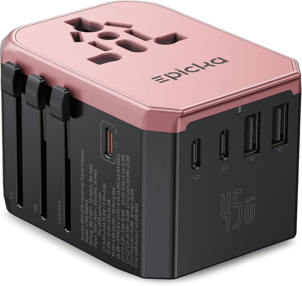 EPICKA 45W Universal Travel Adapter PD&QC, 1AC/3USB-C/2USB-A