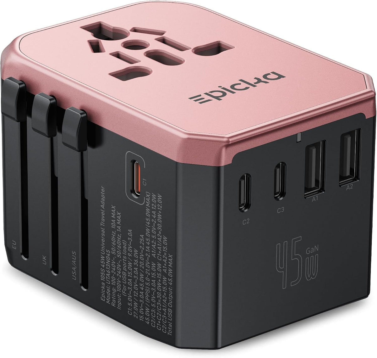 EPICKA 45W Universal Travel Adapter PD&QC, 1AC/3USB-C/2USB-A