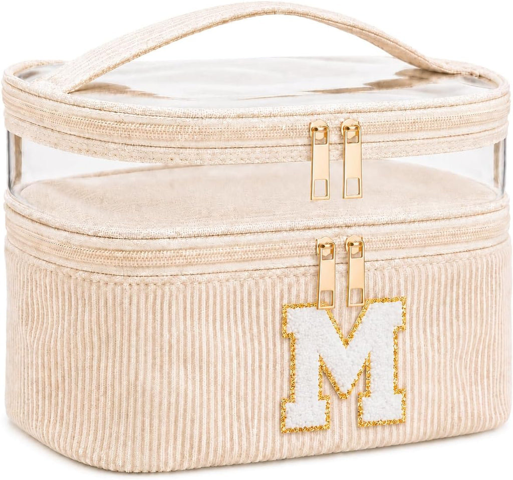 Initial Makeup Bag for Women, Double Layer Corduroy Cosmetic Bag, Preppy Letter Travel Toiletry Pouch, Large Capacity Makeup Organizer for Travel, Purse, Vanity & Gifts (Beige, M)