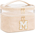 Initial Makeup Bag for Women, Double Layer Corduroy Cosmetic Bag, Preppy Letter Travel Toiletry Pouch, Large Capacity Makeup Organizer for Travel, Purse, Vanity & Gifts (Beige, M)