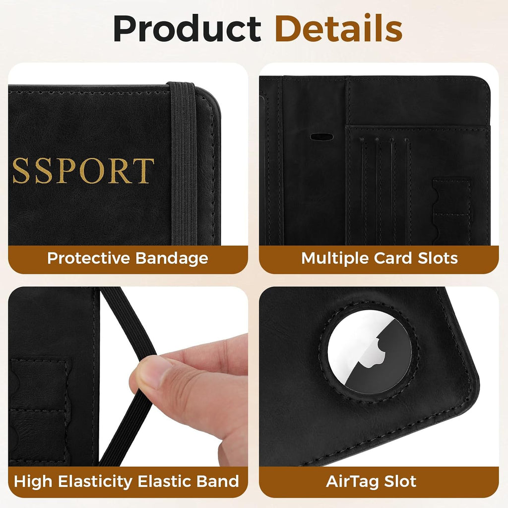Passport Holder Travel Women Men, Passport Wallet with Airtag Slot, Black