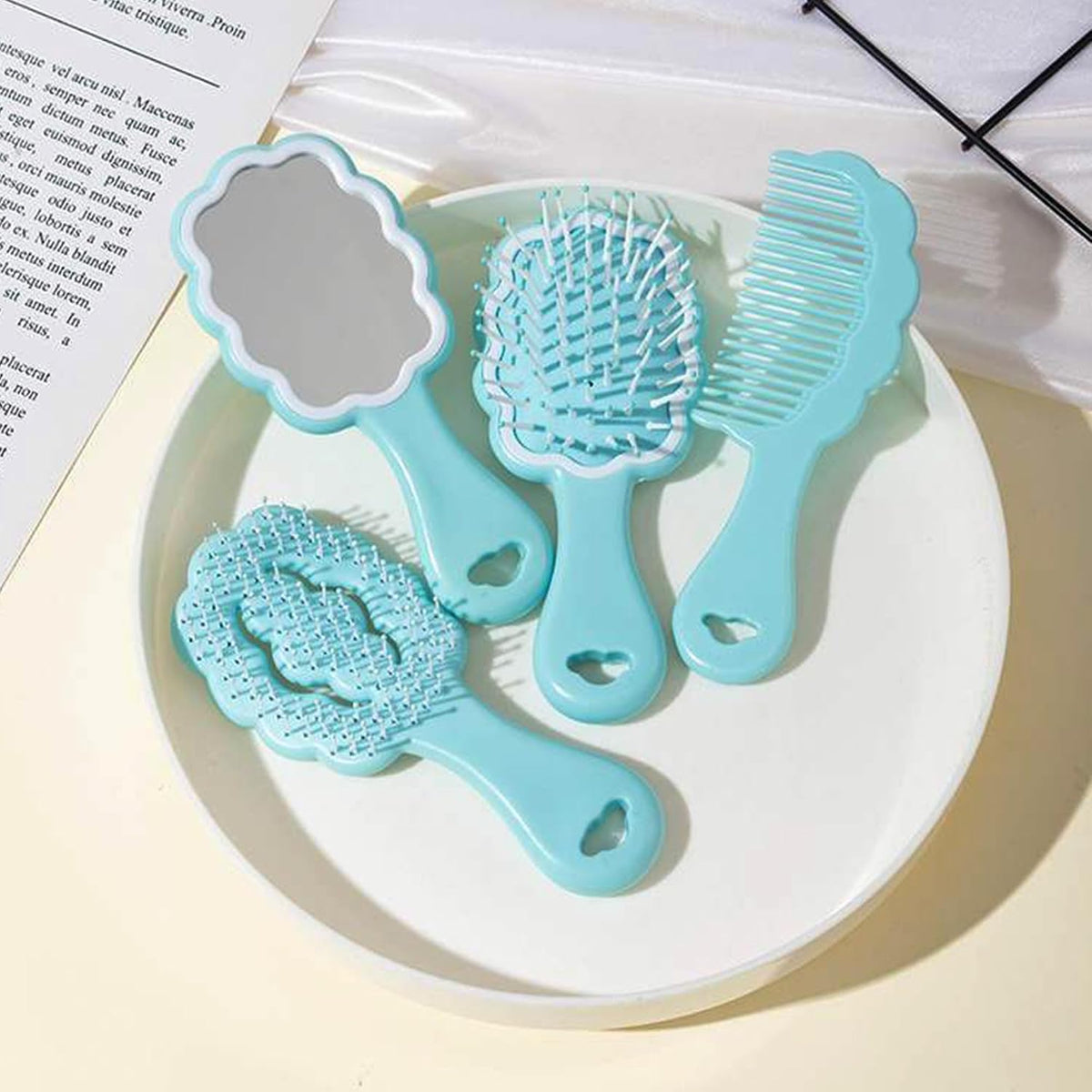 4 Pieces Mini Wet Hair Brush Hair Comb Set For Women Girls Kids Gift Small Cute Cloud shaped Hair Comb Hair Brush Handheld Mirror Set Travel Detangling Comb Massage HairBrush with Air Cushion (Blue)