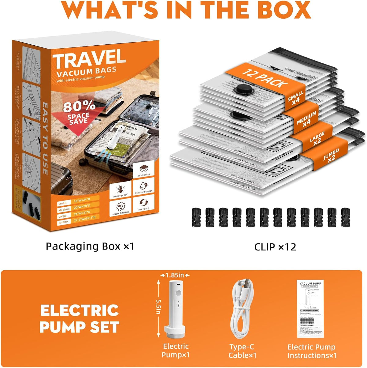 Travel Vacuum Bags with Electric Pump, 12 Pack Luggage Storage Seal Bag, Clothes Compression Suitcase Packing Sealer Bags, Cordless Hefty Vacuum Sealed Space Saver Bags (4S+4M+2L+2J)