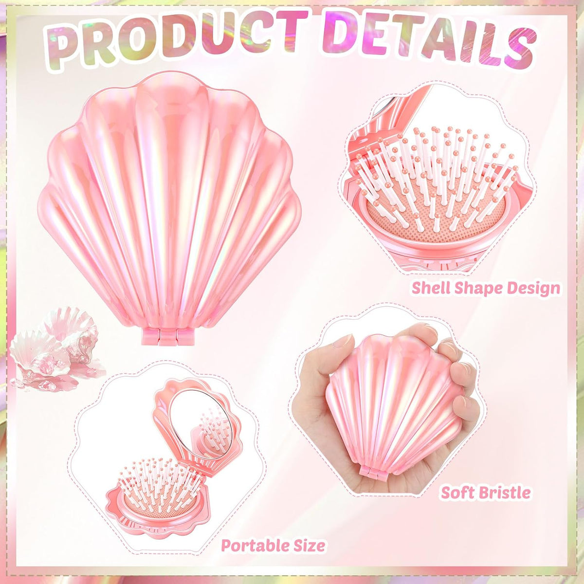 AceOrbit 6 Pcs Mermaid Party Favors Foldable Shell Hair Brush with Mirror Mini Travel Pocket Compact Hair Brush Makeup Comb for Women Girls Birthday Party Gifts(Pink)