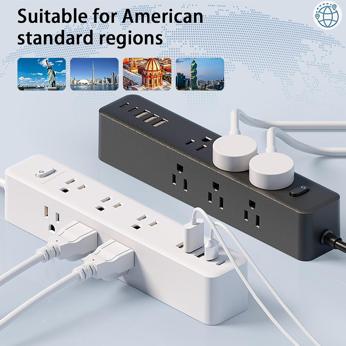 Surge Protector Power Strip，5ft 9 Widely Spaced Outlets, 3 USB A & 2 USB C Ports, Flat Plug Long Extension Cord for Travel Home Office Entertainment, Black