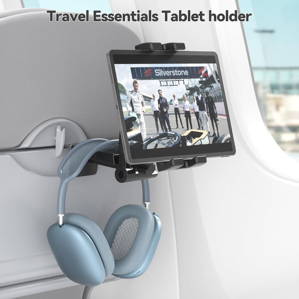 KDD Airplane Tablet Holder Mount, Adjustable Travel Essentials iPad Phone Stand with 360 Degree Rotation, Portable Tesla Model 3/Y Car Headrest Mount Compatible with iPad, Cell Phone