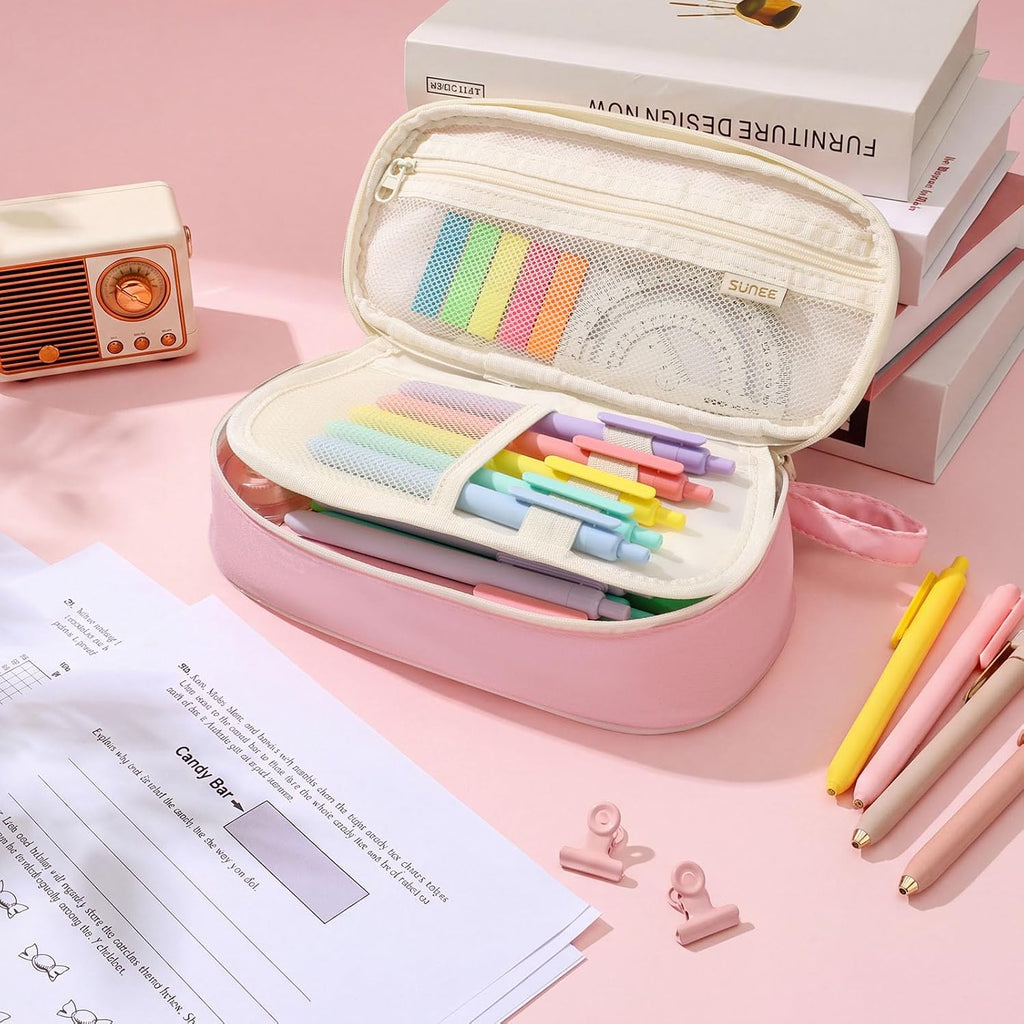 SUNEE Cute Pencil Case, Kawaii Big Capacity Pencil Pouch, Personalized Initial Pencil Bag with Zipper, Stationery Storage and Organizer, Back to School Supplies, Pen Box for Girls & Boys, Teen, A-Pink