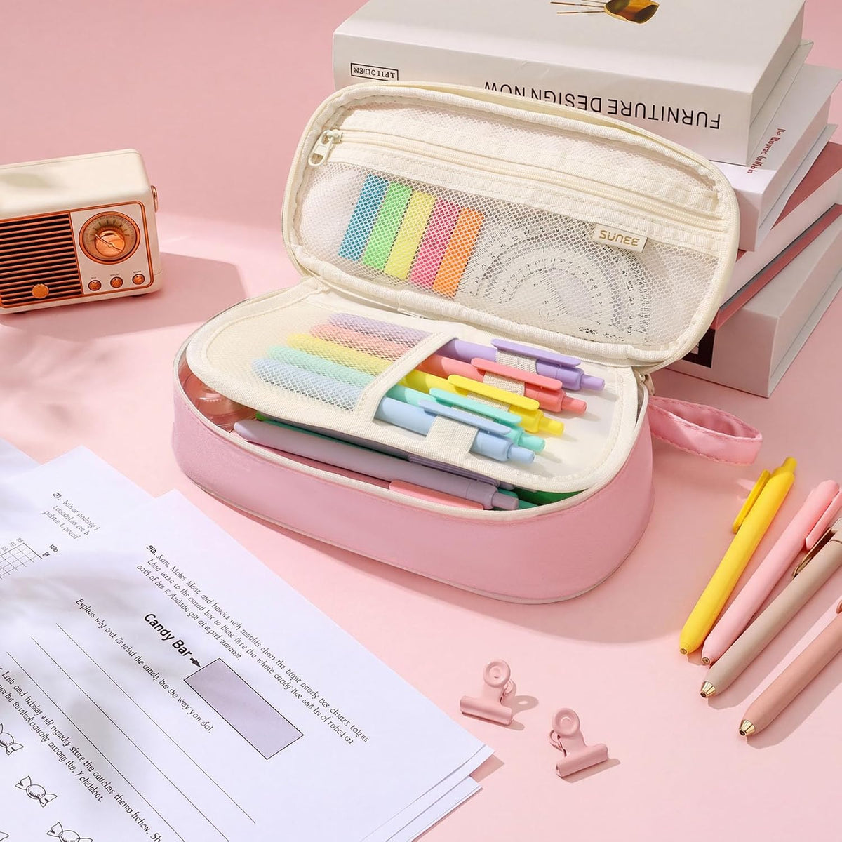 SUNEE Cute Pencil Case, Kawaii Big Capacity Pencil Pouch, Personalized Initial Pencil Bag with Zipper, Stationery Storage and Organizer, Back to School Supplies, Pen Box for Girls & Boys, Teen, A-Pink
