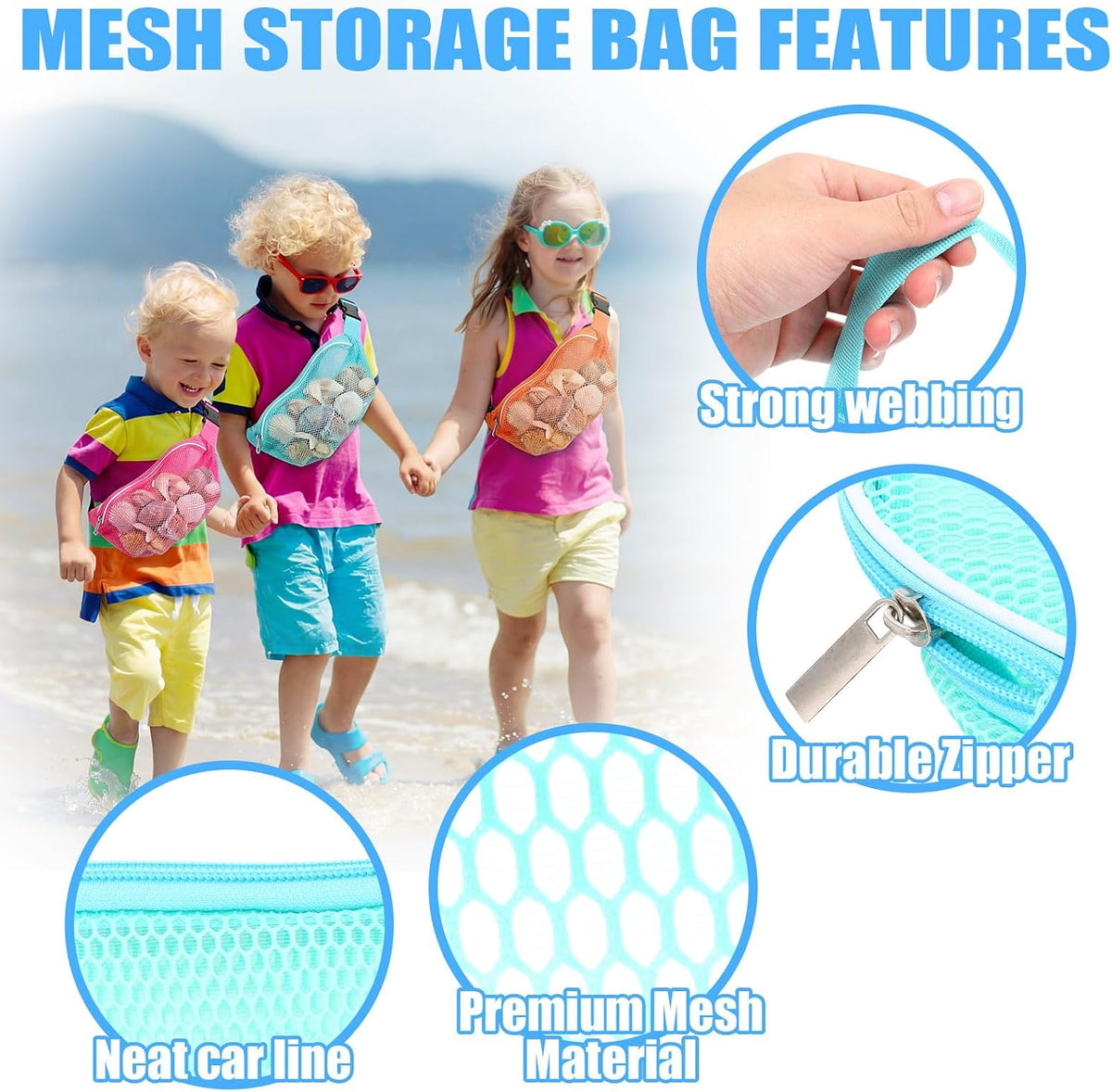 Kinlop 8 Pcs Beach Mesh Fanny Pack with Adjustable Straps