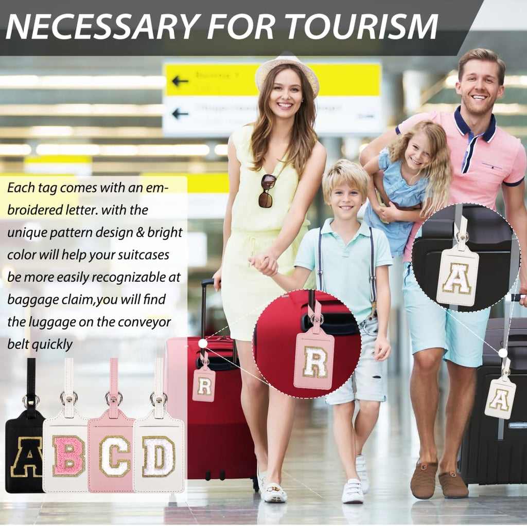 Personalized Initial Luggage Tags for Suitcases, Leather Chenille Letter Cute Luggage Tags with Privacy Name Card, Embroidered Travel Bag Backpack Tag Gifts for Women Kids Girls Teens(Pink-R)
