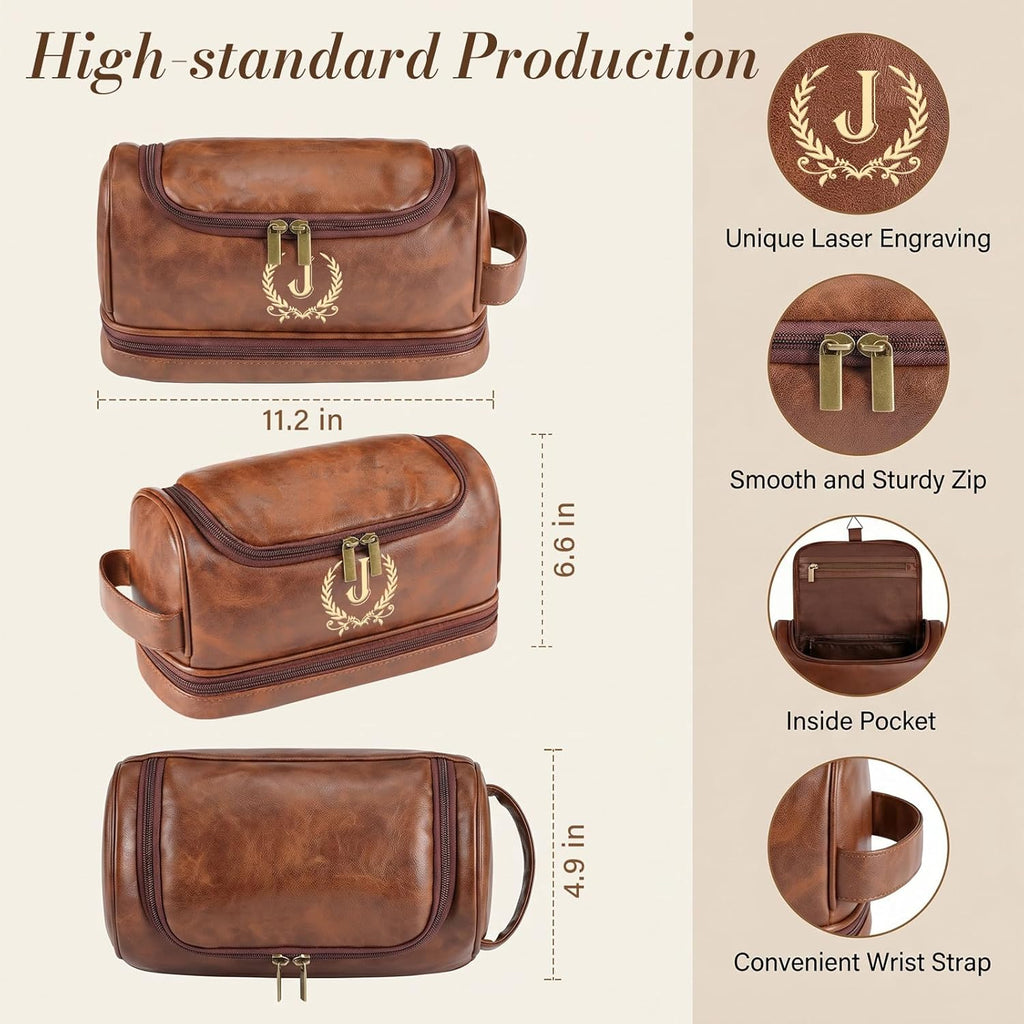 Personalized Gifts Toiletry Bag for Men Custom Mens Toiletry Travel Bag Initial Leather Toiletries Mens Gifts for Birthday Christmas Dad Husband Groomsmen Boyfriend - Brown F