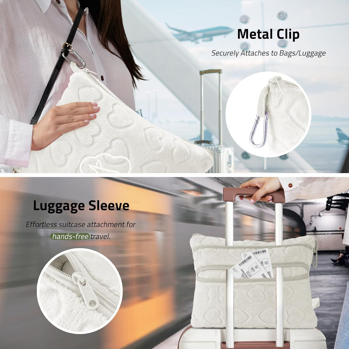 Travel Blanket, Airplane Blanket, Ultra-Soft, Warm & Lightweight, 65x40 in, Outdoor Blanket Essentials for Women, Men & Kids, Included Eye Mask, Luggage Sleeve & Backpack Clip Heart Cream