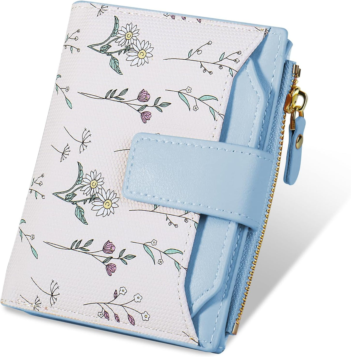 Small Womens Wallet-soft Leather RFID Blocking Bifold Zipper Pocket Credit Card Purse-Floral Pattern Wallet with ID Window (blue)