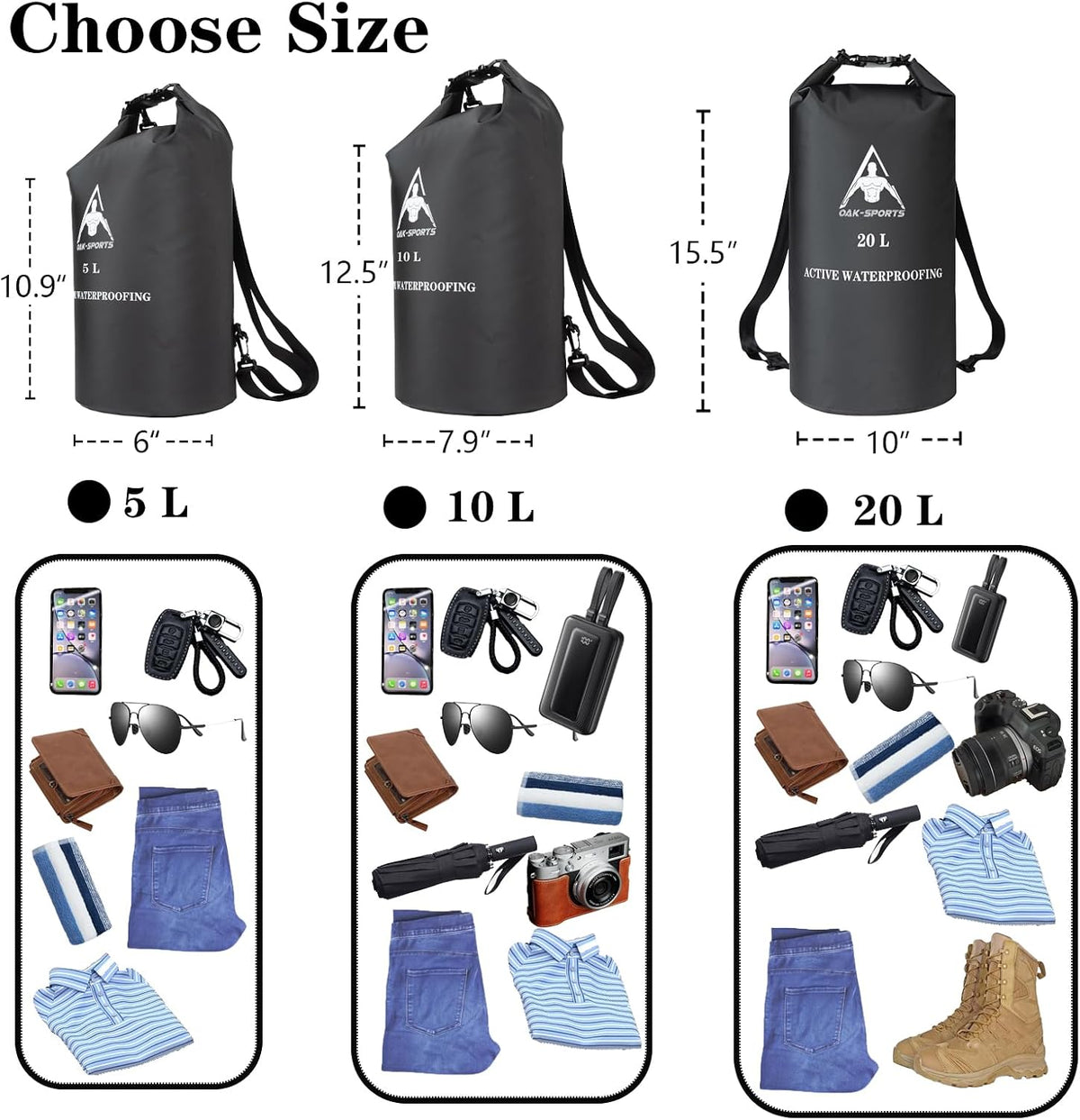 Oak-Sports Dry Bag Waterproof Backpack 5L/10L/20L/35L, Roll Top Lightweight Beach Bag (Classic Black, 10L)