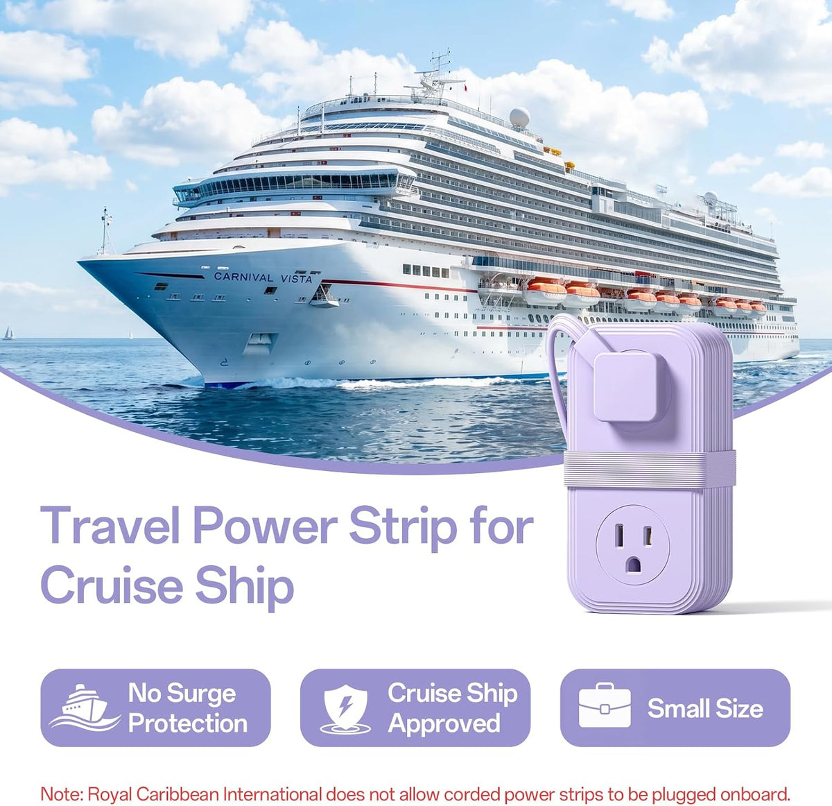 Travel Power Strip, SMALLRT Extension Cord with Multiple Outlets, 6.5FT Wrapped Extension Flat Plug Power Strip with 4 AC Outlets for Travel, Hotel, Cruise Approved, No Surge Protection, Purple