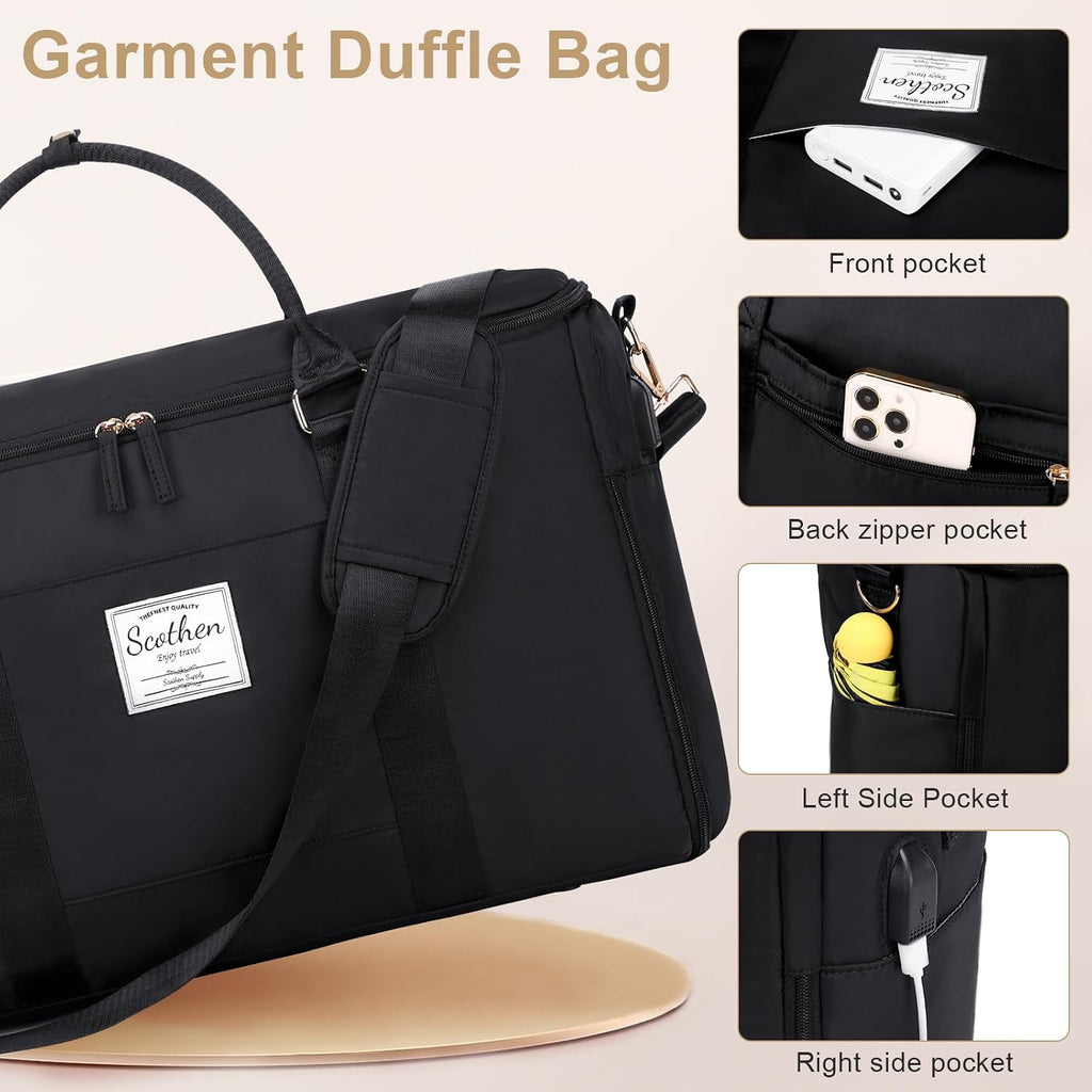 Scothen Convertible Travel Garment Bag,Carry On Garment Duffle Bag with Toiletry and Shoe bag,Garment Bags for Travel,2 in 1 Hanging Dress Suitcase Suit Travel Bags for Women with USB Charging Port