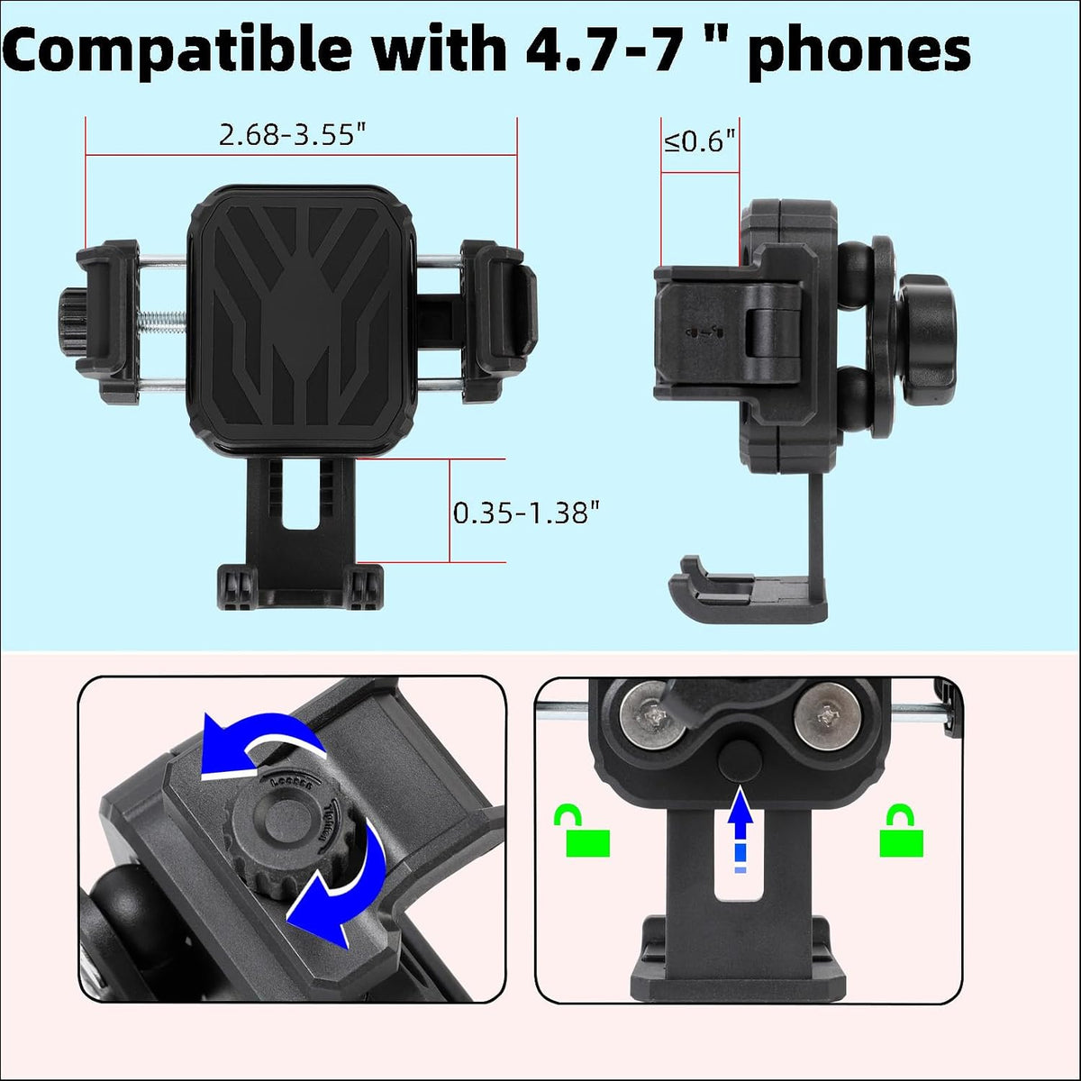 1" Ball Phone Mount Holder with Vibration Dampener ＆ 2.36" Short Double Socket Arm, Compatible with RAM B Size Mounts, Fits 5-7.2'' Phones, for Motorcycle Bike Boat ATV UTV Car Truck
