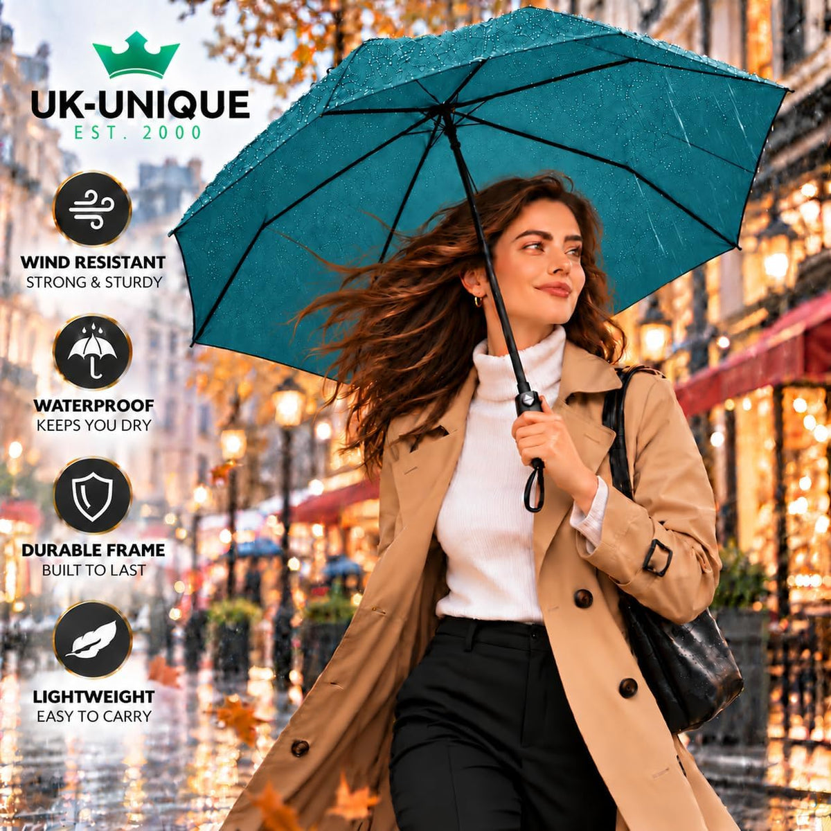 Windproof Umbrella Windproof Travel Umbrella - Compact, Light, Automatic, Strong and Portable - Wind Resistant, Small Folding Backpack Umbrella for Rain - Men and Women
