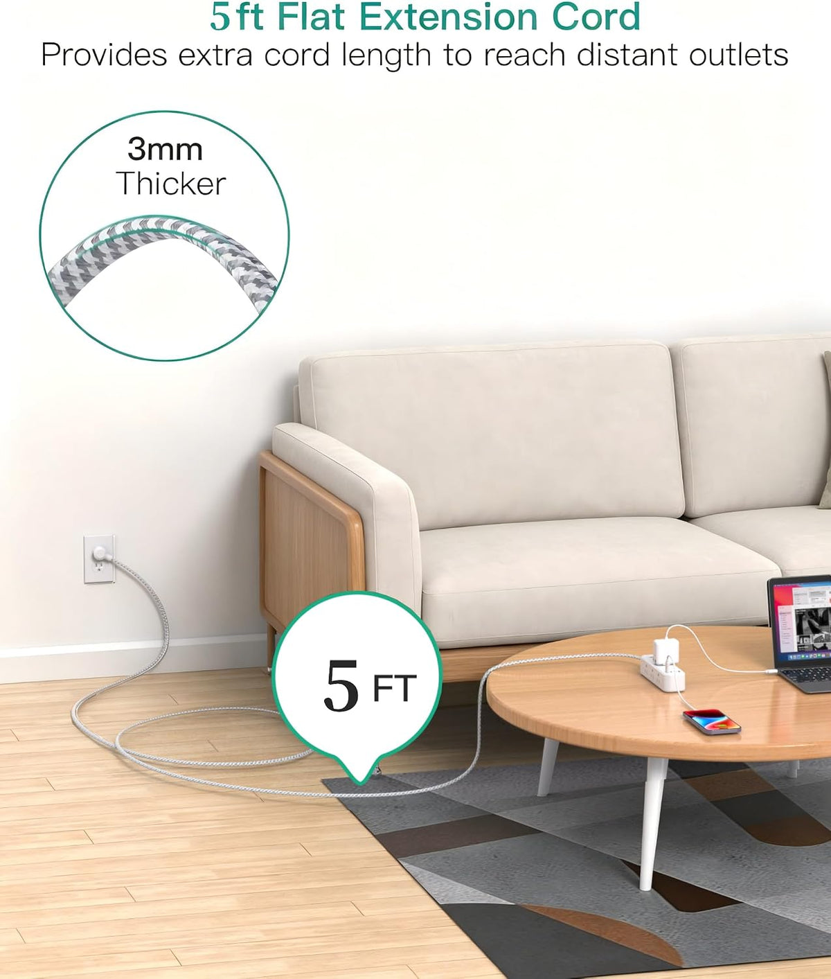 Mifaso Extension Cord, Surge Protector Power Strip, Long Power Strip with 9 Outlets 4 USB Ports, Extension Cord with Multiple Outlets, USB Power Strip for Dorm Room Essentials, College(5FT, White)
