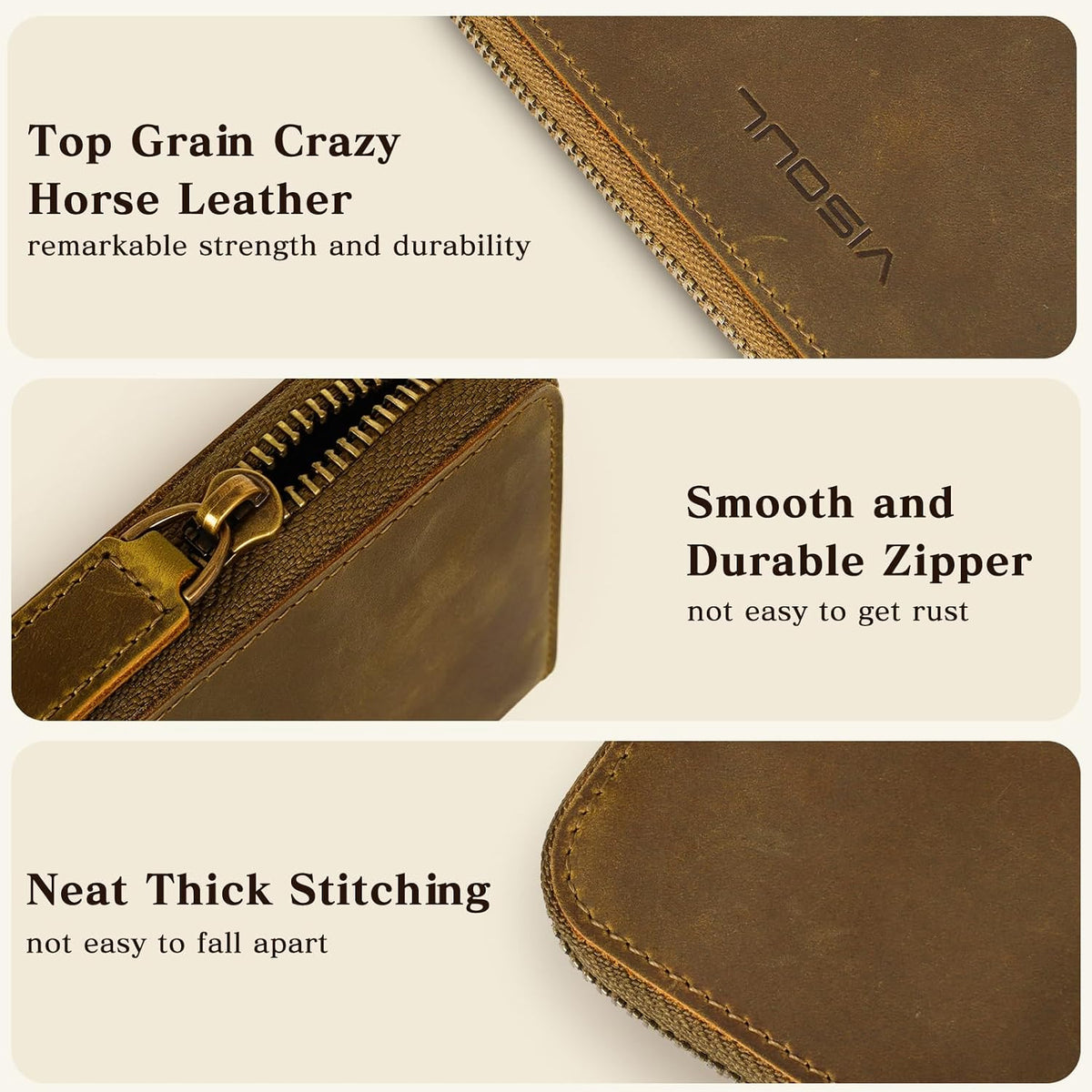 VISOUL Long Zip Around Pouch Wallet for Men Crazy Horse Leather with RFID Blocking, Large Clutch Cash Long Travel Wallet with 12 Card Slots-Brown