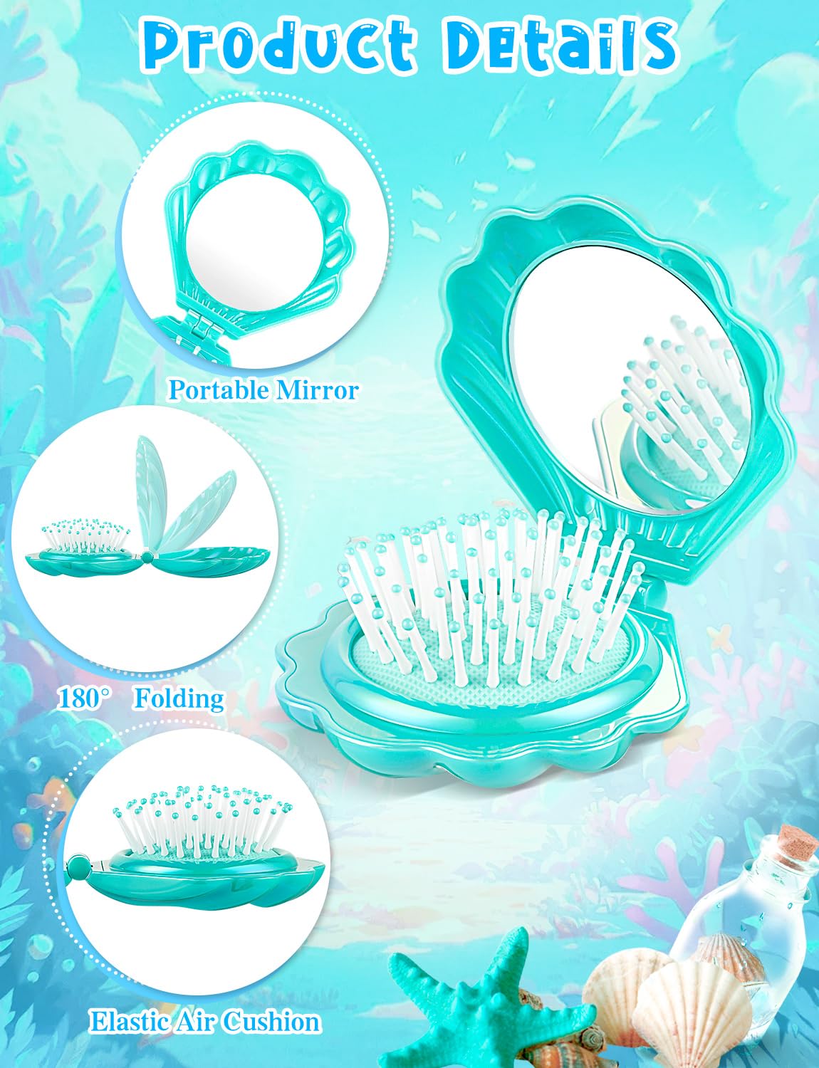 8 Pcs Foldable Travel Shell Hair Brush with Mirror