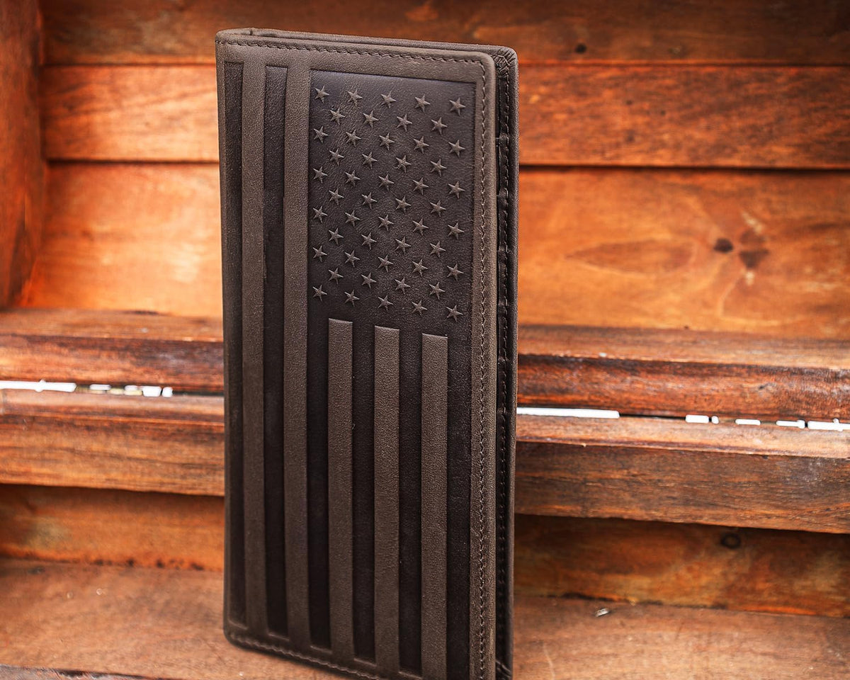 DK86 US Flag Long Wallet For Men Full Grain Leather Rfid Blocking Rodeo Wallet Bifold Wallet American Flag Wallet (vintage coffee with us flag)