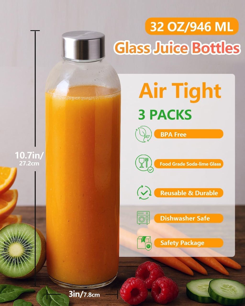 Zukro Clear Glass Water Bottles with Stainless Steel Lids 32 oz, Set of 3