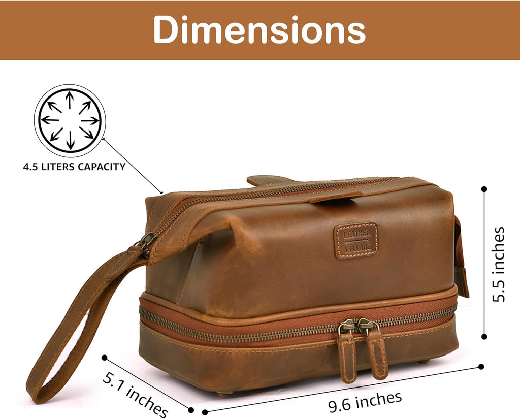 LEATHER VILLAGE Leather Toiletry Bag for Men, Travel Dopp Kit Shaving Bag