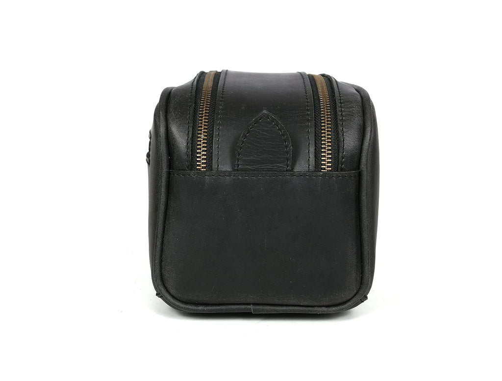 10" Premium Leather Toiletry Travel Pouch With Waterproof Lining Black Color | King-Size Handcrafted Vintage Shaving Kit By Aaron Leather Goods (Florida Black)