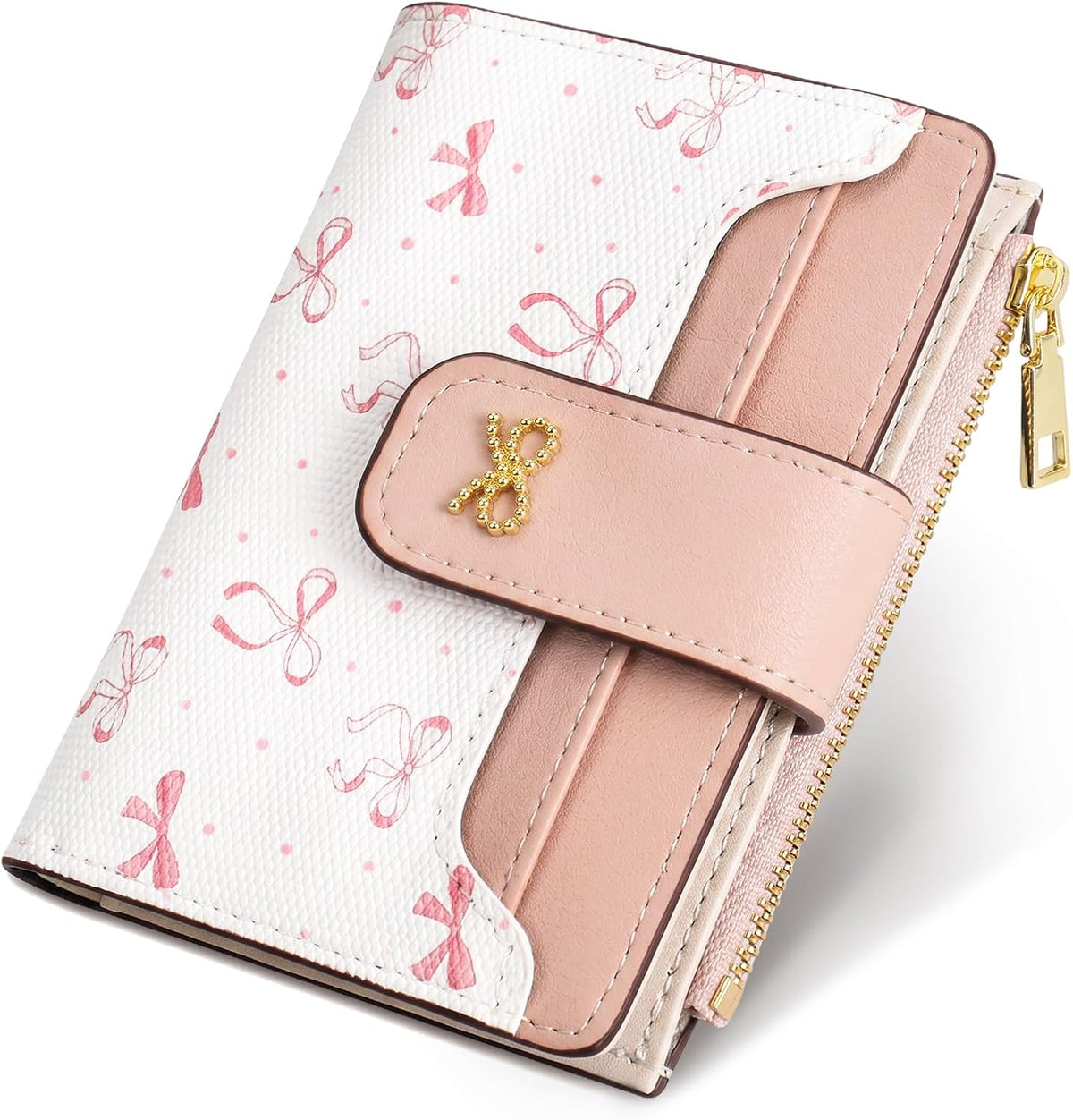 Small Wallets for Women RFID Blocking Bifold PU Leather, 8 Card Slots, Zipper Coin Pocket, Slim Credit Card Holder Travel Wallet, Pink 4.9x3.5inch