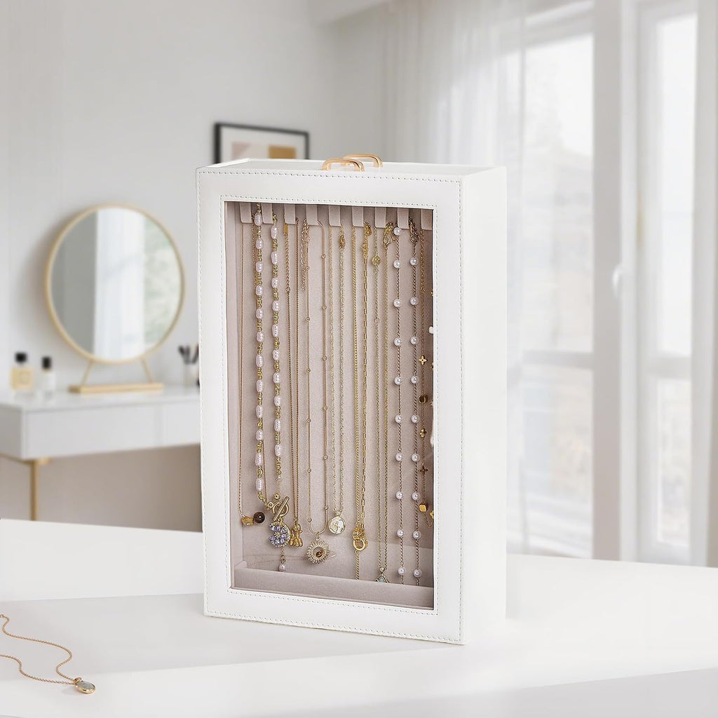 Lolalet Necklace Organizer Box, Jewelry Display Case, White, 2 Layers
