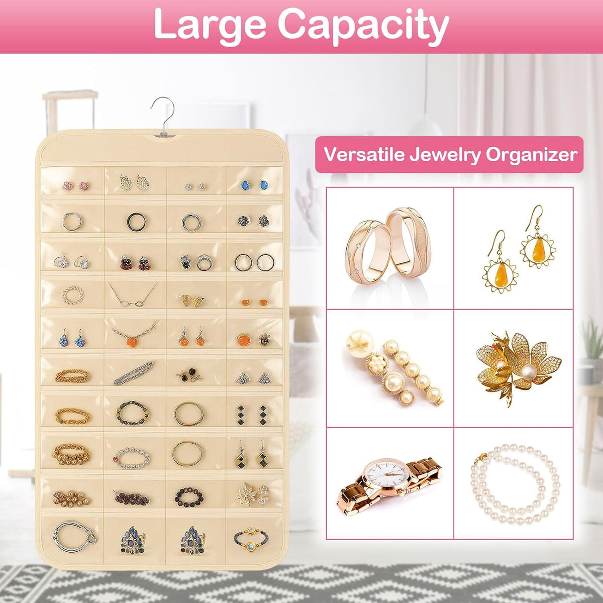 1 Pack Hanging Jewelry Organizer, 80 Clear Pockets Earring Storage