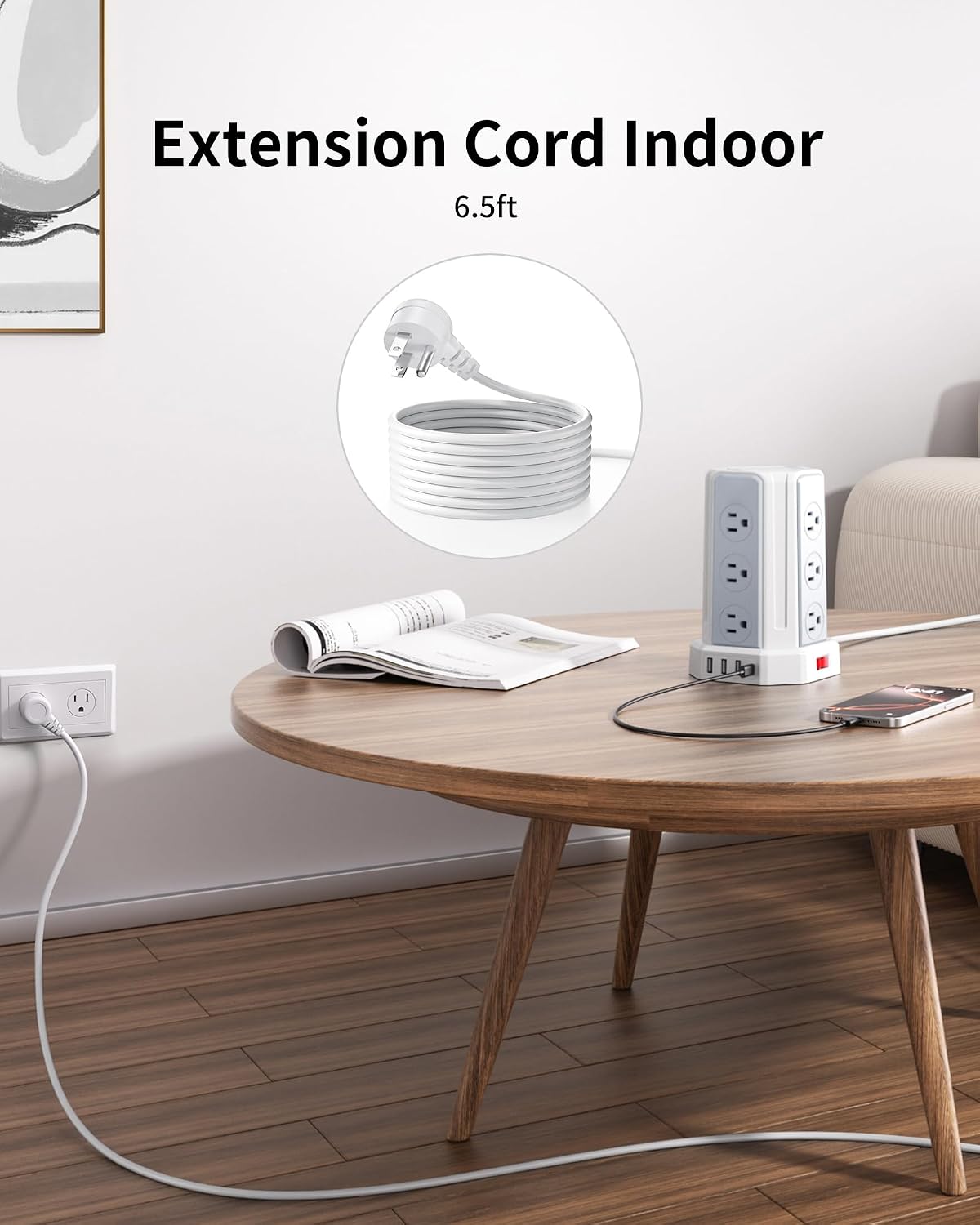 White Power Strip, 6.5 Ft Extension Cord with 12 AC Multiple Outlets 4 USB (2 USB C), SMALLRT Power Strip Tower Desktop Charging Station