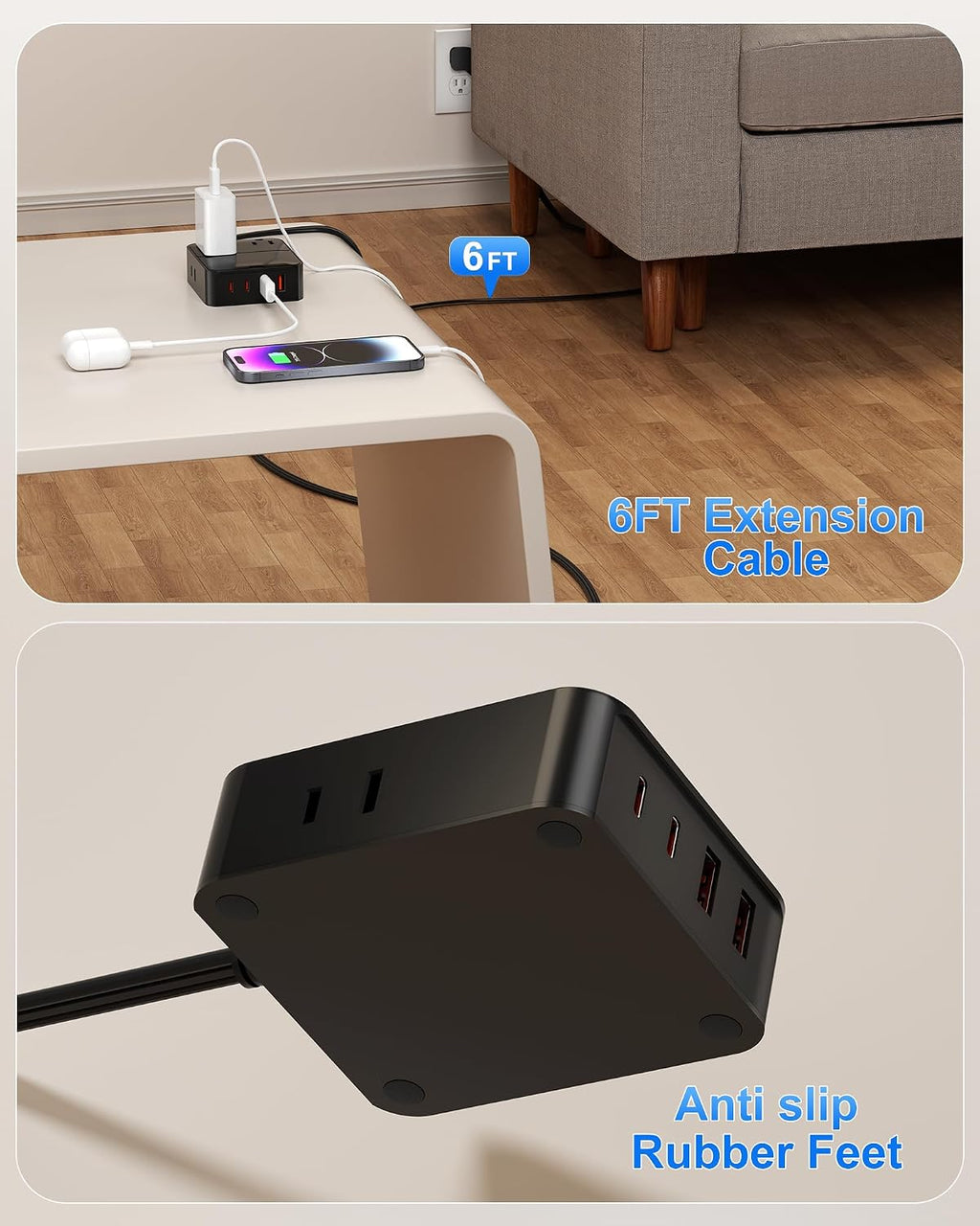 Flat Plug Power Strip with USB Ports - 4 AC & 4 USB Ports (20W), 6Ft Extension Cord with Multiple Outlets, Fast USB Charging Station for Travel Office Dorm Room (Black)