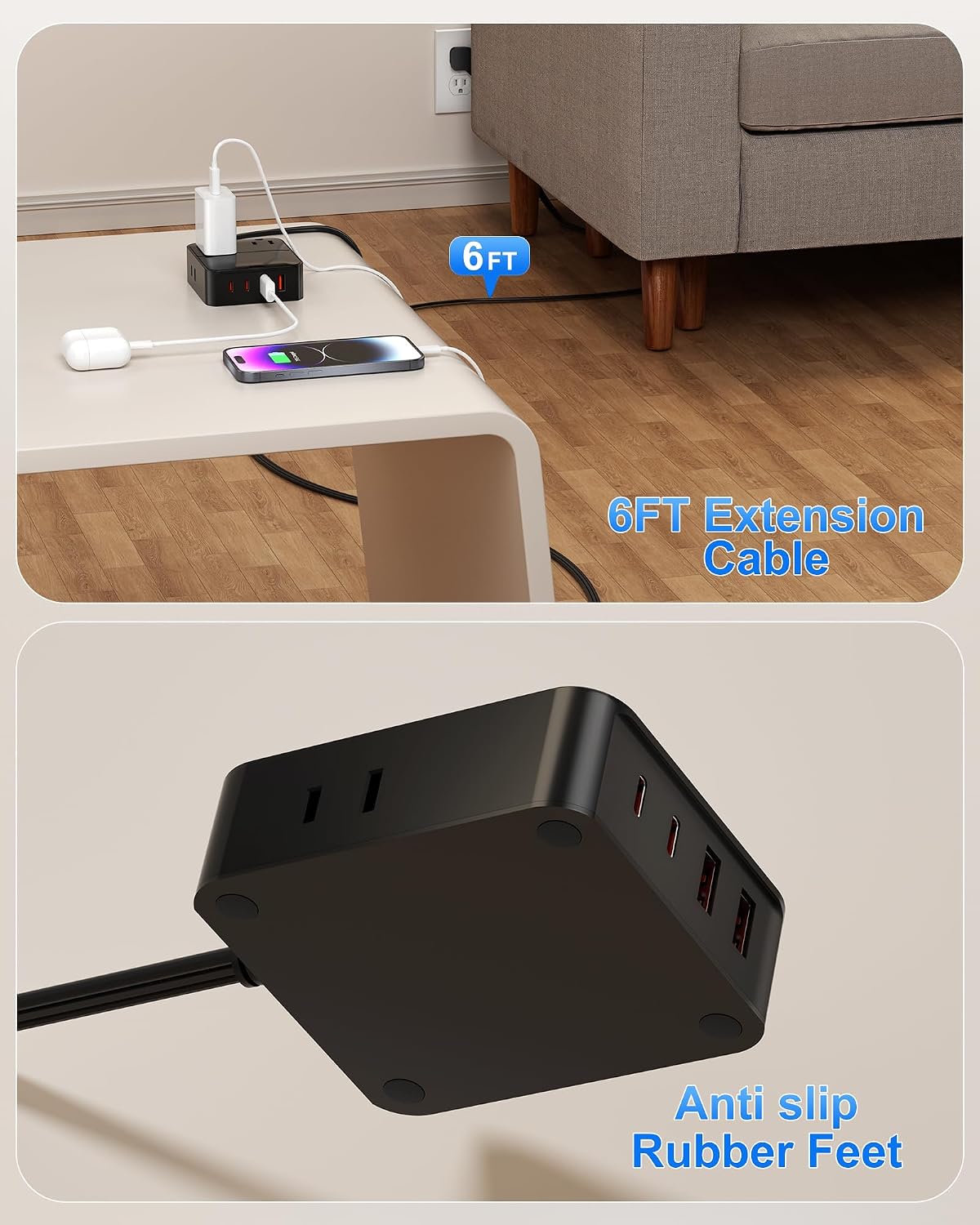 Flat Plug Power Strip with USB Ports - 4 AC & 4 USB Ports (20W), 6Ft Extension Cord with Multiple Outlets, Fast USB Charging Station for Travel Office Dorm Room (Black)