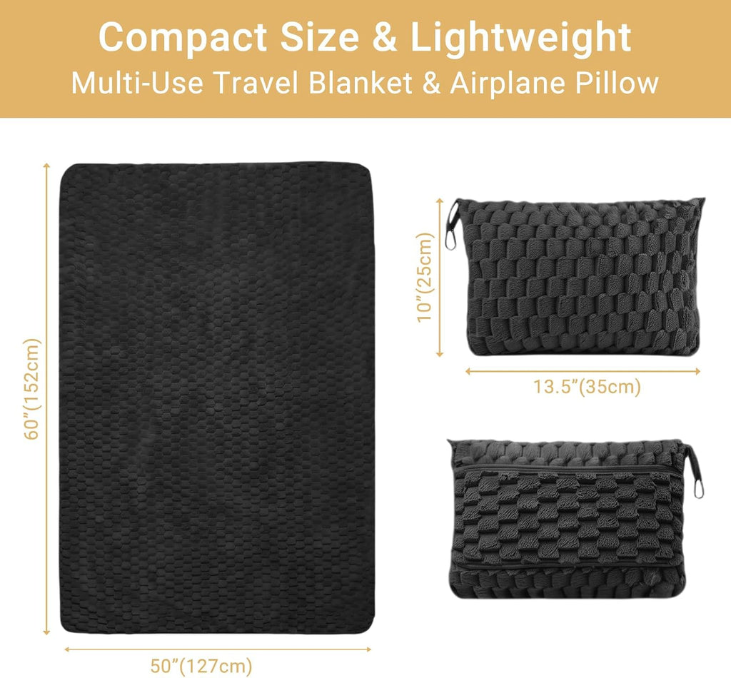 Travel Blanket with Bag, Soft Fleece Portable Airplane Blanket, Black